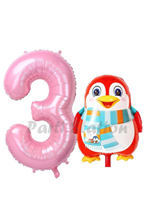 Sevimli Penguen Balon 1 Yaş Doğum Günü Balon Set Penguen Konsept ve Pembe Renk Rakam Balon