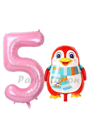 Sevimli Penguen Balon 1 Yaş Doğum Günü Balon Set Penguen Konsept ve Pembe Renk Rakam Balon