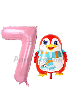 Sevimli Penguen Balon 1 Yaş Doğum Günü Balon Set Penguen Konsept ve Pembe Renk Rakam Balon