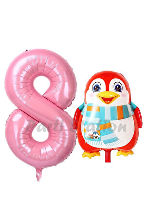 Sevimli Penguen Balon 1 Yaş Doğum Günü Balon Set Penguen Konsept ve Pembe Renk Rakam Balon