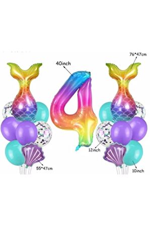 Gökkuşağı Rakam Denizkızı Kuyruk Istiridye 4 Yaş Balon Set Balon Folyo Set Denizkızı Konsept Set