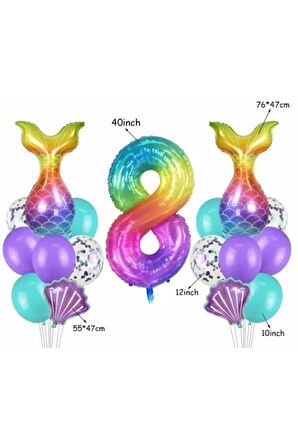 Gökkuşağı Rakam Denizkızı Kuyruk Istiridye 8 Yaş Balon Set Balon Folyo Set Konsept Set Yaş Balon