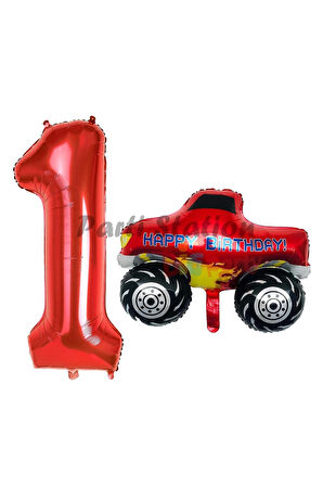 Canavar Kamyon Pikap 8 Yaş Balon Set Arabalar Konsept Canavar Kamyon Balon ve Kırmızı Rakam Balon