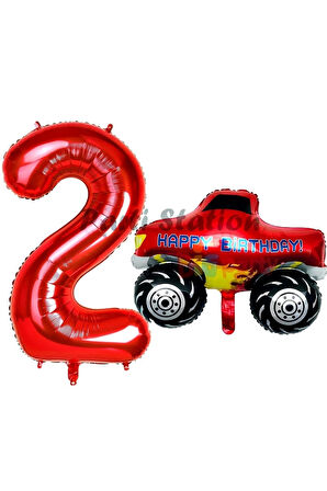 Canavar Kamyon Pikap 8 Yaş Balon Set Arabalar Konsept Canavar Kamyon Balon ve Kırmızı Rakam Balon