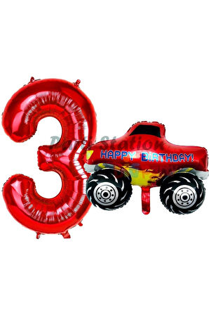 Canavar Kamyon Pikap 8 Yaş Balon Set Arabalar Konsept Canavar Kamyon Balon ve Kırmızı Rakam Balon