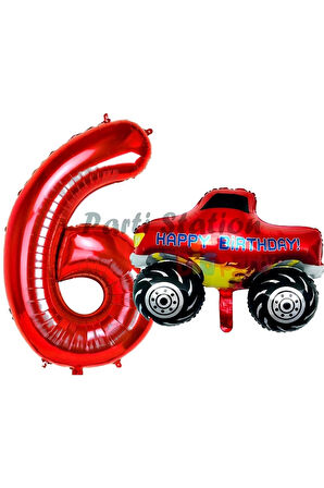 Canavar Kamyon Pikap 8 Yaş Balon Set Arabalar Konsept Canavar Kamyon Balon ve Kırmızı Rakam Balon