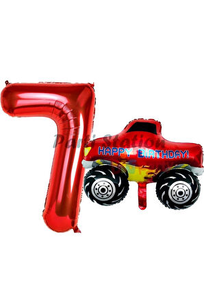 Canavar Kamyon Pikap 8 Yaş Balon Set Arabalar Konsept Canavar Kamyon Balon ve Kırmızı Rakam Balon