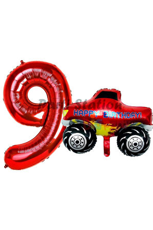 Canavar Kamyon Pikap 8 Yaş Balon Set Arabalar Konsept Canavar Kamyon Balon ve Kırmızı Rakam Balon