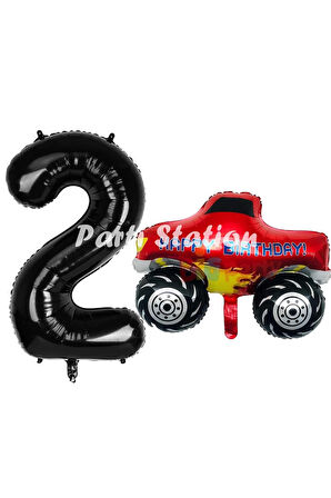 Canavar Kamyon Pikap 3 Yaş Balon Set Arabalar Konsept Canavar Kamyon Balon ve Siyah Renk Rakam Balon
