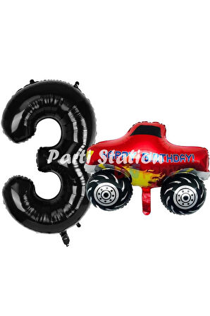 Canavar Kamyon Pikap 3 Yaş Balon Set Arabalar Konsept Canavar Kamyon Balon ve Siyah Renk Rakam Balon