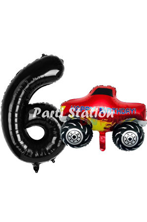 Canavar Kamyon Pikap 3 Yaş Balon Set Arabalar Konsept Canavar Kamyon Balon ve Siyah Renk Rakam Balon