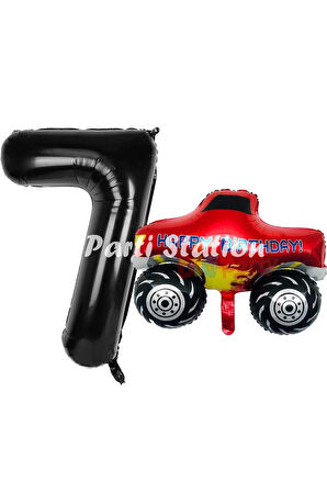 Canavar Kamyon Pikap 3 Yaş Balon Set Arabalar Konsept Canavar Kamyon Balon ve Siyah Renk Rakam Balon