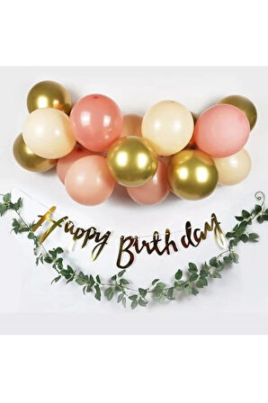 Gold Renk Kaligrafi Happy Birthday Banner ve Balon Set Somon Gold Krem Lateks Balon Set