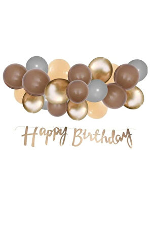 Rosegold Renk Kaligrafi Happy Birthday Banner ve Balon Set Kahveengi Rosegold Krem Lateks Balon Set