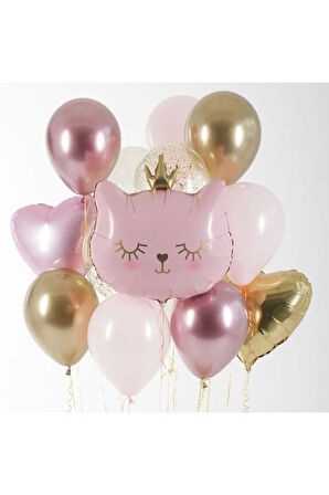 Sevimli Pembe Kedi Konsept Balon Set Sevimli Kedi Balon Buketi Doğum Günü Balon Set