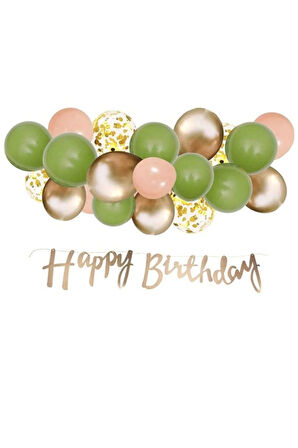 Rosegold Renk Kaligrafi Happy Birthday Banner ve Küf Yeşili Rosegold Somon Lateks Balon Set
