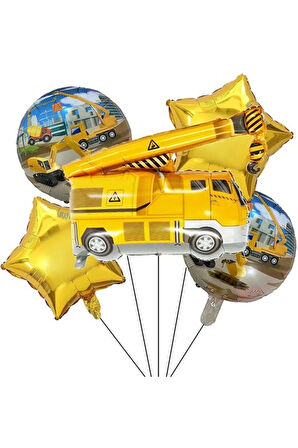 İnşaat Konsept Kamyon Balon Set Vinç Balon Buketi Truck Balloon Doğum Günü Balon Set