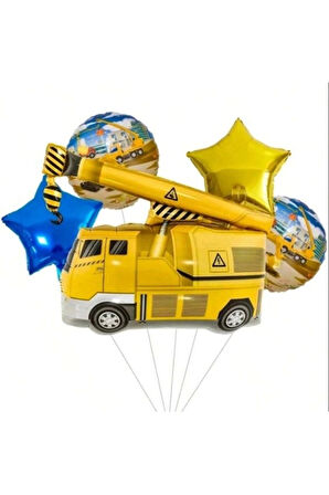 İnşaat Konsept Vinç Kamyon Balon Set Vinç Balon Buketi Truck Balloon Doğum Günü Balon Set