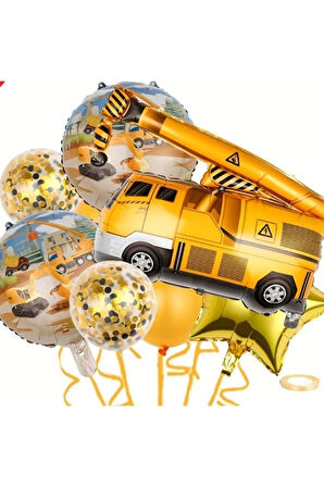 İnşaat Konsept Vinç Kamyon Balon Set Vinç Balon Buketi Truck Balloon Doğum Günü Balon