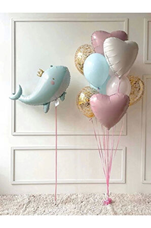 Sevimli Yeşil Balina Konsept Balina Balon Set Balina Balon Whale Balloon Doğum Günü Balon Buketi
