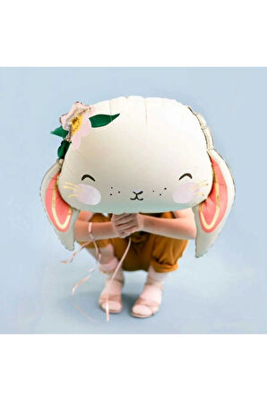 Sevimli Tavşan Folyo Balon Bunny Çiçekli Tavşan Konsept Folyo Balon 1 Adet 65x54 cm