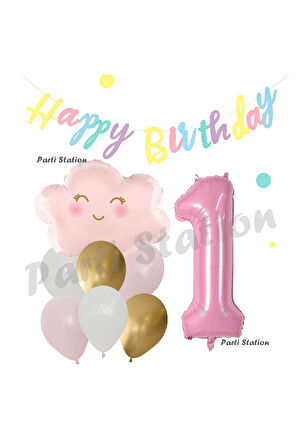 Pembe Bulut Gökkuşağı 8 Yaş Balon ve Macaron Happy Birthday Banner Doğum Günü Parti Balon Set