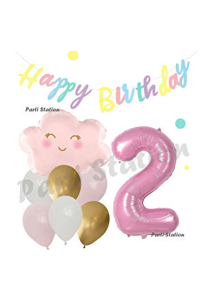Pembe Bulut Gökkuşağı 8 Yaş Balon ve Macaron Happy Birthday Banner Doğum Günü Parti Balon Set