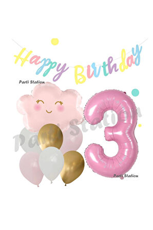 Pembe Bulut Gökkuşağı 8 Yaş Balon ve Macaron Happy Birthday Banner Doğum Günü Parti Balon Set