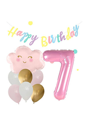 Pembe Bulut Gökkuşağı 8 Yaş Balon ve Macaron Happy Birthday Banner Doğum Günü Parti Balon Set