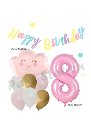 Pembe Bulut Gökkuşağı 8 Yaş Balon ve Macaron Happy Birthday Banner Doğum Günü Parti Balon Set