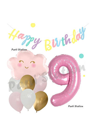 Pembe Bulut Gökkuşağı 8 Yaş Balon ve Macaron Happy Birthday Banner Doğum Günü Parti Balon Set