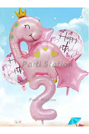 Pembe Dinozor Konsept 9 Yaş Balon Set Sevimli Pembe Dinozor Doğum Günü Folyo Balon Set