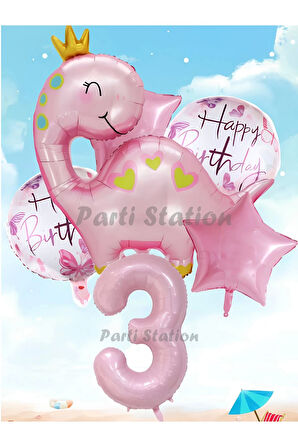 Pembe Dinozor Konsept 9 Yaş Balon Set Sevimli Pembe Dinozor Doğum Günü Folyo Balon Set
