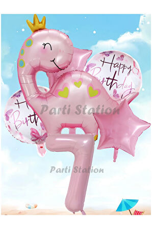 Pembe Dinozor Konsept 9 Yaş Balon Set Sevimli Pembe Dinozor Doğum Günü Folyo Balon Set