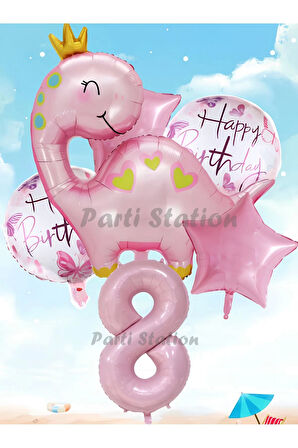 Pembe Dinozor Konsept 9 Yaş Balon Set Sevimli Pembe Dinozor Doğum Günü Folyo Balon Set