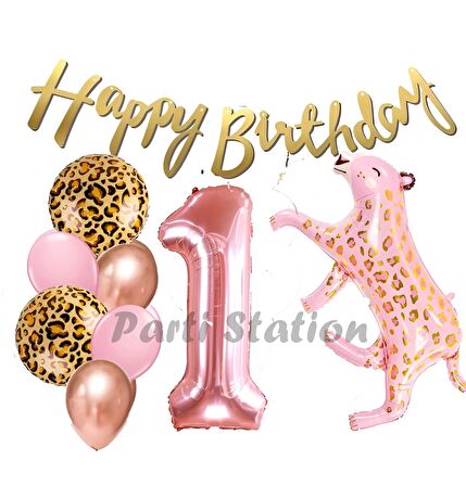 Pembe Leopar 1 Yaş Balon Set Safari Leopar Doğum Günü Parti Balon Set Pembe Panter Jungle Balon Set
