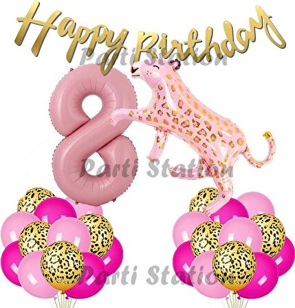 Pembe Leopar 8 Yaş Balon Set Safari Leopar Doğum Günü Parti Balon Set Pembe Panter Jungle Balon Set