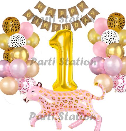 Pembe Leopar 1 Yaş Balon Set Safari Leopar Doğum Günü Parti Balon Set Pembe Panter Jungle Balon Set
