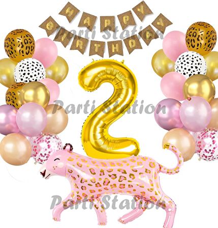 Pembe Leopar 2 Yaş Balon Set Safari Leopar Doğum Günü Parti Balon Set Pembe Panter Jungle Balon Set