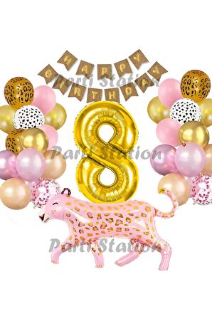 Pembe Leopar 8 Yaş Balon Leopar Doğum Günü Parti Balon Set Jungle Balon Set