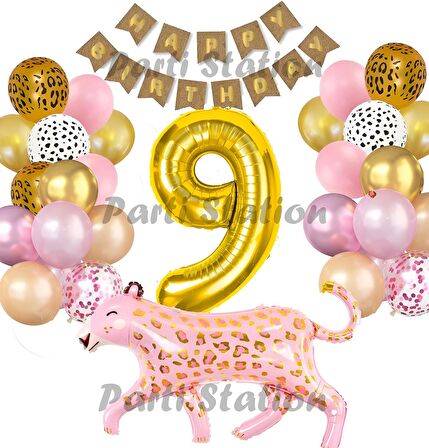 Pembe Leopar 9 Yaş Balon Set Safari Leopar Doğum Günü Parti Balon Set Pembe Panter Jungle Balon Set