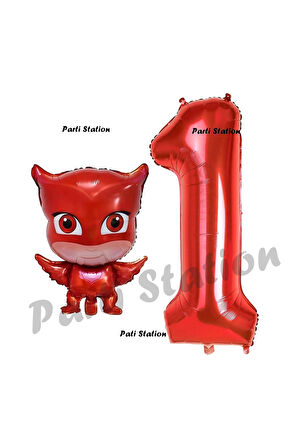 Pijamaskeliler Baykuş Kız Balon 5 Yaş Doğum Günü Set PjMasks Konsept Balon ve Kırmızı Rakam Balon