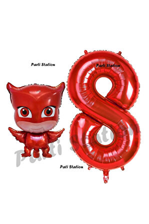 Pijamaskeliler Baykuş Kız Balon 5 Yaş Doğum Günü Set PjMasks Konsept Balon ve Kırmızı Rakam Balon