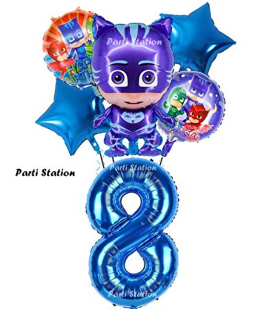 PjMasks Kedi Çocuk 8 Yaş Doğum Günü Parti Balon Set Pijamaskeliler Kedi Çocuk Tema Parti Balon Set
