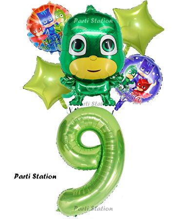 PjMasks Kertenkele Çocuk 9 Yaş Doğum Günü Balon Set Pijamaskeliler Kertenkele Çocuk Tema Balon Set