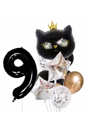Siyah Kedi Kara Kedi 9 Yaş Balon Set Yıldız Balon Folyo Set Siyah Kedi Konsept Doğum Günü Set