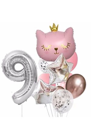 Pembe Kedi 9 Yaş Balon Set Yıldız Balon Folyo Set Pembe Kedi Konsept Doğum Günü Set Yaş Balon Set