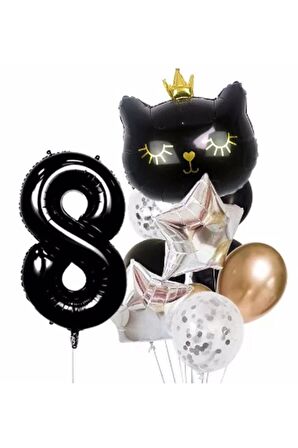Siyah Kedi Kara Kedi 8 Yaş Balon Set Yıldız Balon Folyo Set Siyah Kedi Konsept Doğum Günü Set