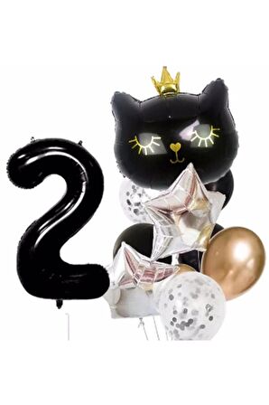 Siyah Kedi Kara Kedi 2 Yaş Balon Set Yıldız Balon Folyo Set Siyah Kedi Konsept Doğum Günü Set