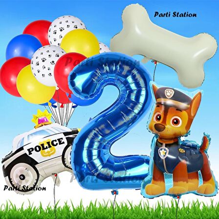 Paw Patrol Chase Polis Köpek Konsept 2 Yaş Doğum Günü Parti Balon Set Paw Patrol Kemik Balon Set